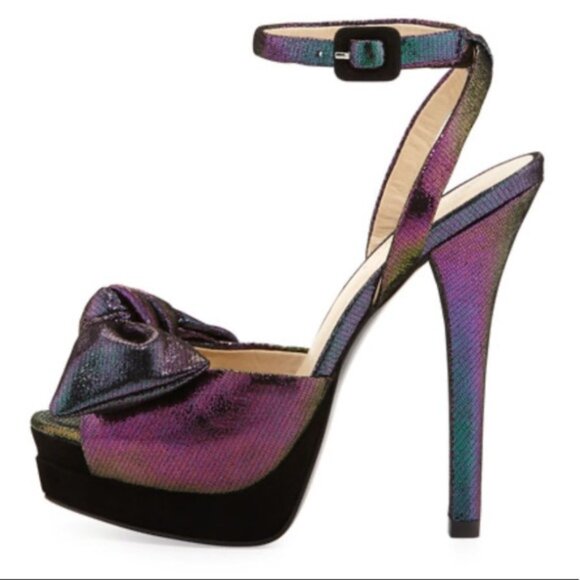 Pelle Moda Gisella Iridescent Suede Purple & Green Peep Toe Sandals 7.5 - Picture 1 of 6